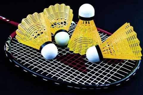 Shuttlecocks and racket Stock Photos