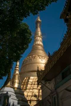 Shwedagon Pagoda in Yangon Myanmar, Shot through Trees and Structures Stock Photos