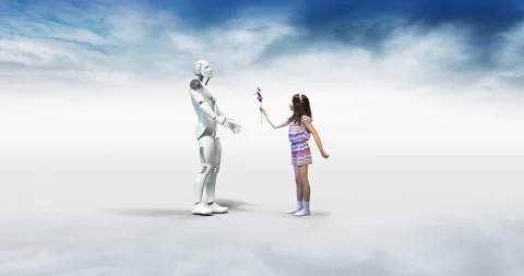 Shy AI Robot Is Happy. Small Girl Giving Him A Flower. Vídeo Stock 196349834
