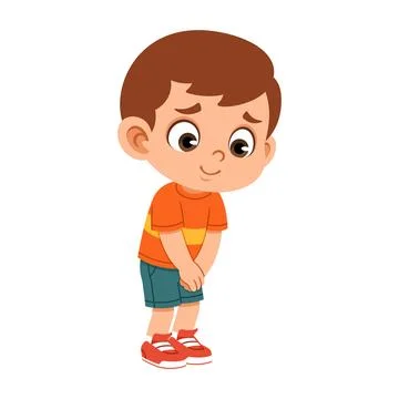 Shy Boy Standing with Head Down and Hands Clasped in Front Flat Cartoon Cha.. Stock Illustration