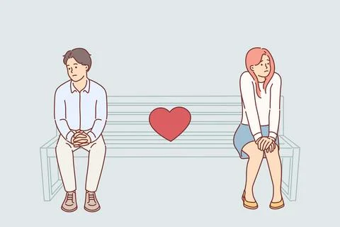 Shy couple on first date, sitting on park bench and feeling awkward due to lack Stock Illustration