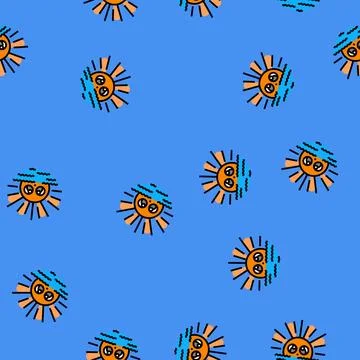 Shy cute sun character vector seamless pattern Stock Illustration