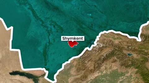 Shymkent highlighted on a satellite map displaying motion graphics video Stock Footage 342483475
