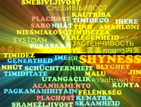 Shyness multilanguage wordcloud background concept glowing Stock Illustration