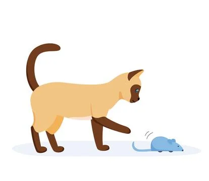 Siamese cat playing with automatic toy mouse. Activity for indoor pet Stock Illustration