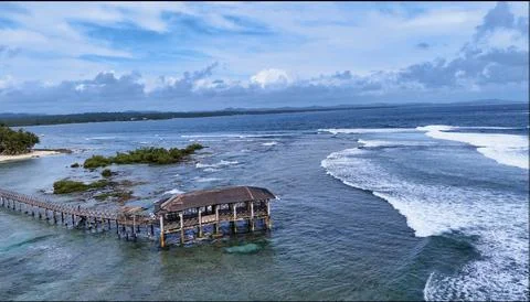 Siargao Cloud 9 Surf Spot, Philippines Wooden Boardwalk Over Ocean Stock Photos