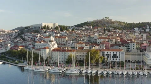 Sibenik, Croatia. Elevated view of harbor and historic center of Sibnik Stock Footage 233127064