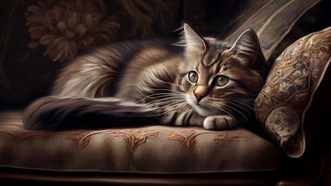 Siberian cat lying on the sofa. 3d illustration. Stock Illustration