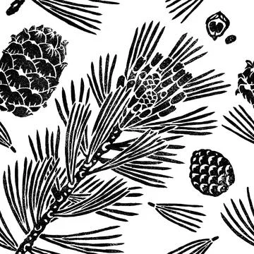 Siberian pine seamless pattern isolated on white, branch, cones, seeds Stock Illustration