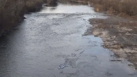 Siberian river in spring, ice, gray shores, gray trees Stock Footage 75336576