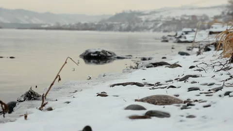 Siberian River In Winter. Temperature Below Zero. Snow. River Gradually Freezes Stock Footage 146877123