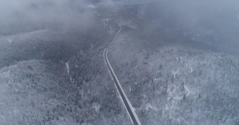  Siberian taiga.Road in the winter forest. Heavy snowfall. Aerial View. Video stock 81163670