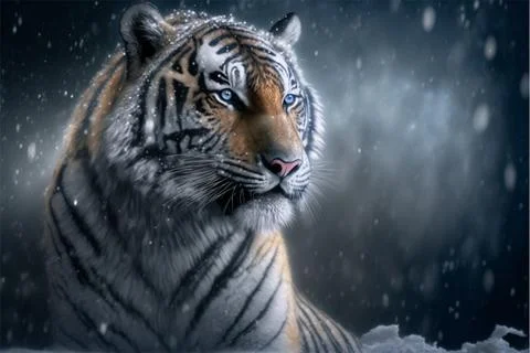 Siberian tiger laying down deep winter snow Illustrazione stock