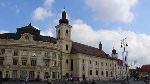  Sibiu Left-Right Pan View of Grand Square Stock Footage 98796133