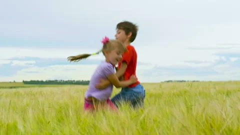 Sibling Little Kids Having Fun in the Summer Meadow. Stock Footage 340780134
