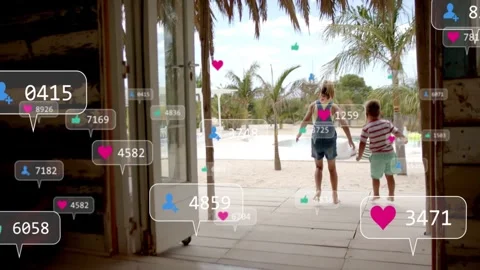 Siblings holding hands stepping out onto pool deck dancing pausing as likes Stock Footage 333287957