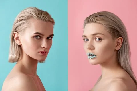 Siblings making same trendy makeup Stock Photos