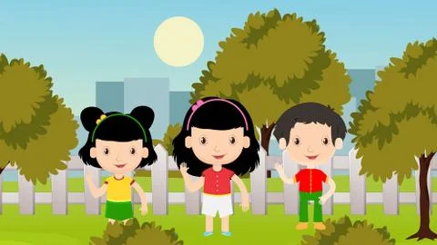 Siblings in Park scene background Stock Illustration