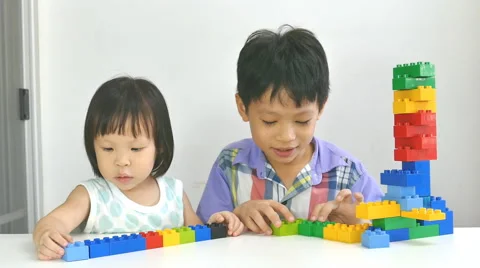 Siblings playing blocks together Stock Footage 55728644