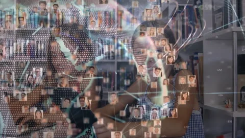 Siblings tapping tablet in home study generating rotating network icons on globe Video stock 312229506