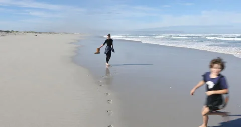 Siblings walking on beach, Walker Bay Nature Reserve, Western Cape, South Africa Stock Footage 202964113