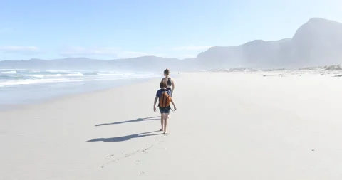 Siblings walking on beach, Walker Bay Nature Reserve, Western Cape, South Africa Stock Footage 202989608