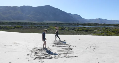 Siblings walking on beach, Walker Bay Nature Reserve, Western Cape, South Africa Stock Footage 202993813