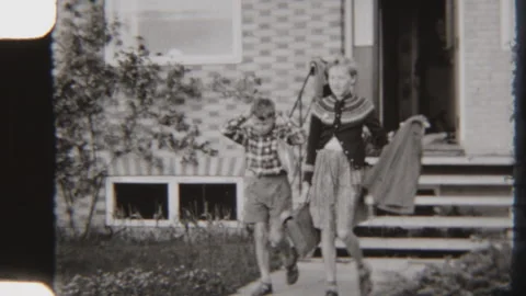 Siblings Walking Down The Front Stoop And Along The House Pathway Stock Footage 316073751
