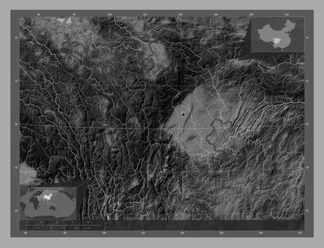 Sichuan, China. Bilevel elevation map with lakes and rivers Illustrazione stock