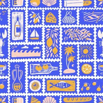 Sicilia amalfi seamless pattern with postage stamps decorated with lemons and Stock Illustration