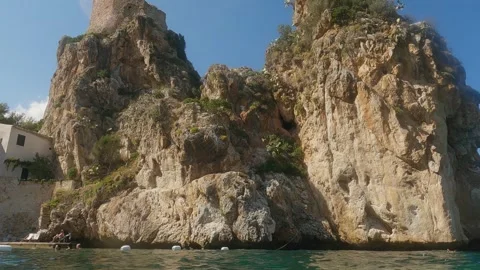 Sicilian stacks at scopello, low angle sea surface Stock Footage 280885706