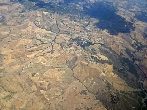 Sicily farmed fields while landing at catania airport aerial view panorama Stockfoto's