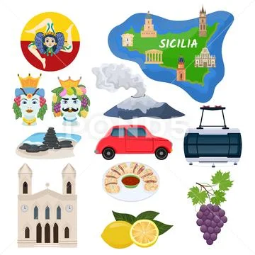 Sicily vector Sicilian island map with cathedral architecture art culture and Stock Illustration