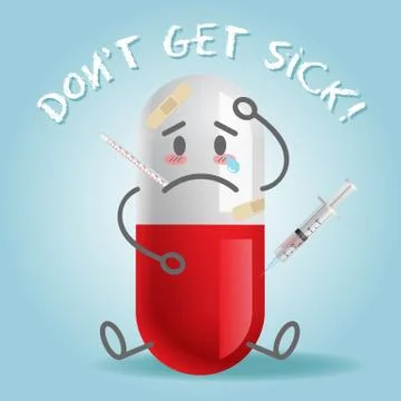 Sick and pain cartoon on capsule Stock Illustration