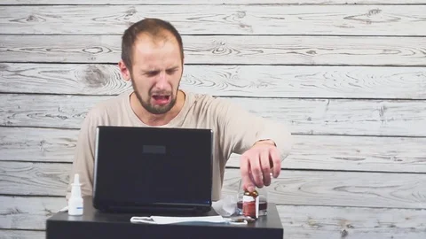 Sick Beard Man Coughing, Sitting at workplace with computer. Stock Footage 98298628