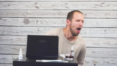 Sick Beard Man Coughing. Working in the office with computer. Stock Footage 114426887