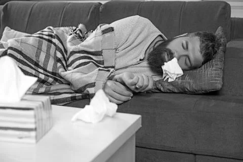 Sick bearded man lying on sofa at home and blowing nose. Stock Photos