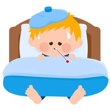 Sick boy in bed. Vector illustration Stock Illustration