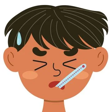Sick boy face with a thermometer in his mouth. Ill little kid with fever clipart Stock Illustration