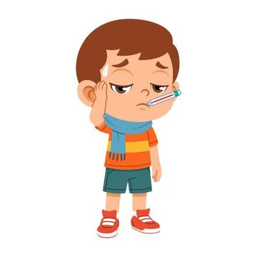 Sick Boy with Hand on Forehead Feeling Fever Flat Cartoon Character 스톡 일러스트