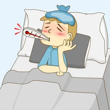 Sick boy lying on the bed Stock Illustration