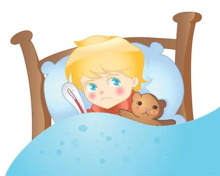 Sick boy lying in bed vector Illustrazione stock