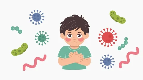Sick Boy Surrounded by Viruses and Bacteria Flat Vector Animation 스톡 동영상 333698566