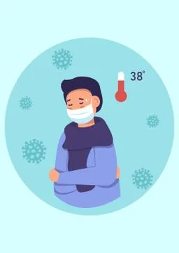 A sick boy with a thermometer that shows the temperature of heat. Illustration Illustrazione stock