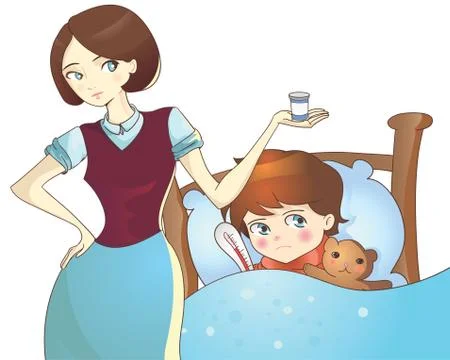 Sick child lying in bed and mother with medicine Illustrazione stock