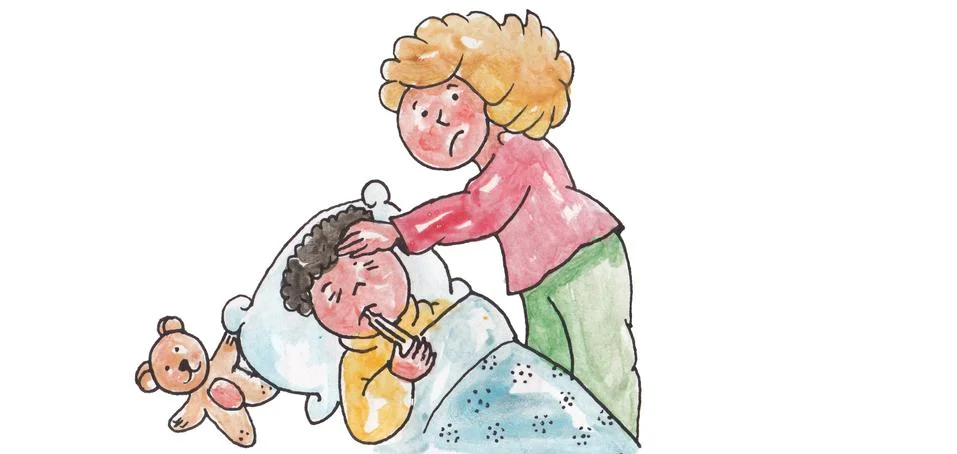 Sick child lying on the bed イラスト素材