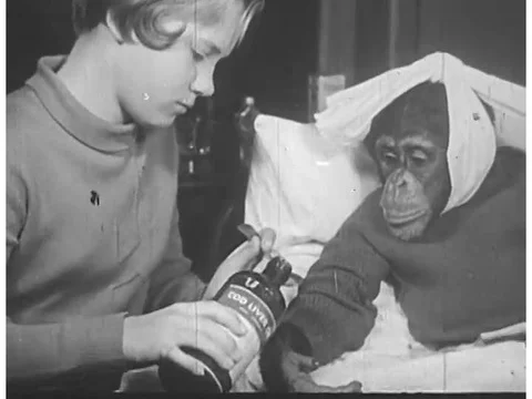 A sick chimpanzee is given cod liver oil and examined by a doctor, in 1937. Vídeos de archivo 75071488