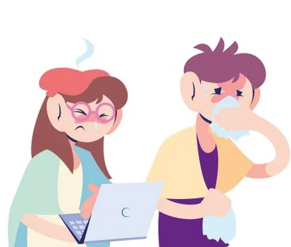 Sick couple working on the computer Illustrazione stock