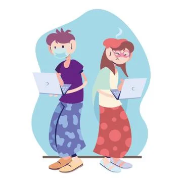 Sick couple working on the computer Illustrazione stock