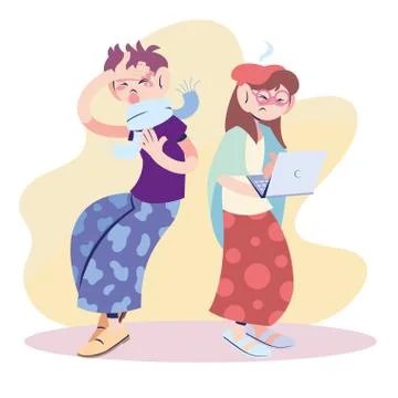 Sick couple working on the computer Illustrazione stock